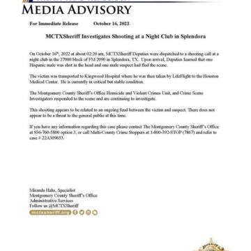 MCTXSheriff Investigates Shooting at a Night Club in Splendora